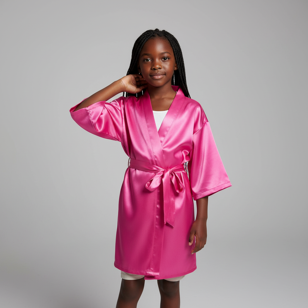 Mädchen-Bademantel knielang Kimono-Stil leichte glänzende Oberfläche