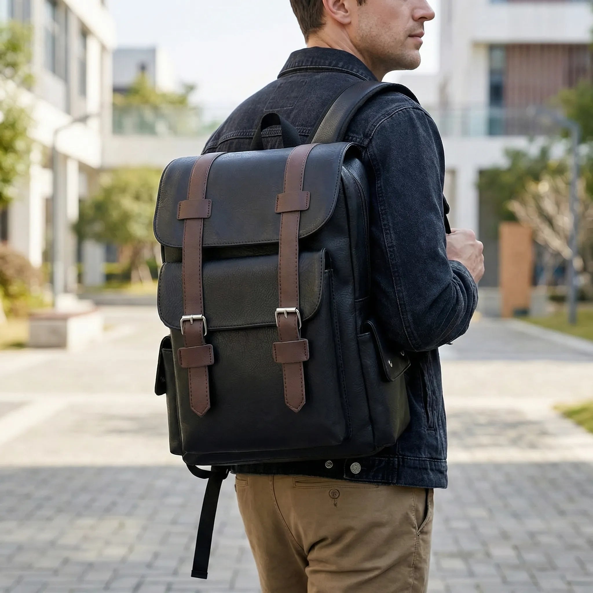 Großer Herren-Rucksack mit Vintage-Schnallenverschluss und Laptop-Fach