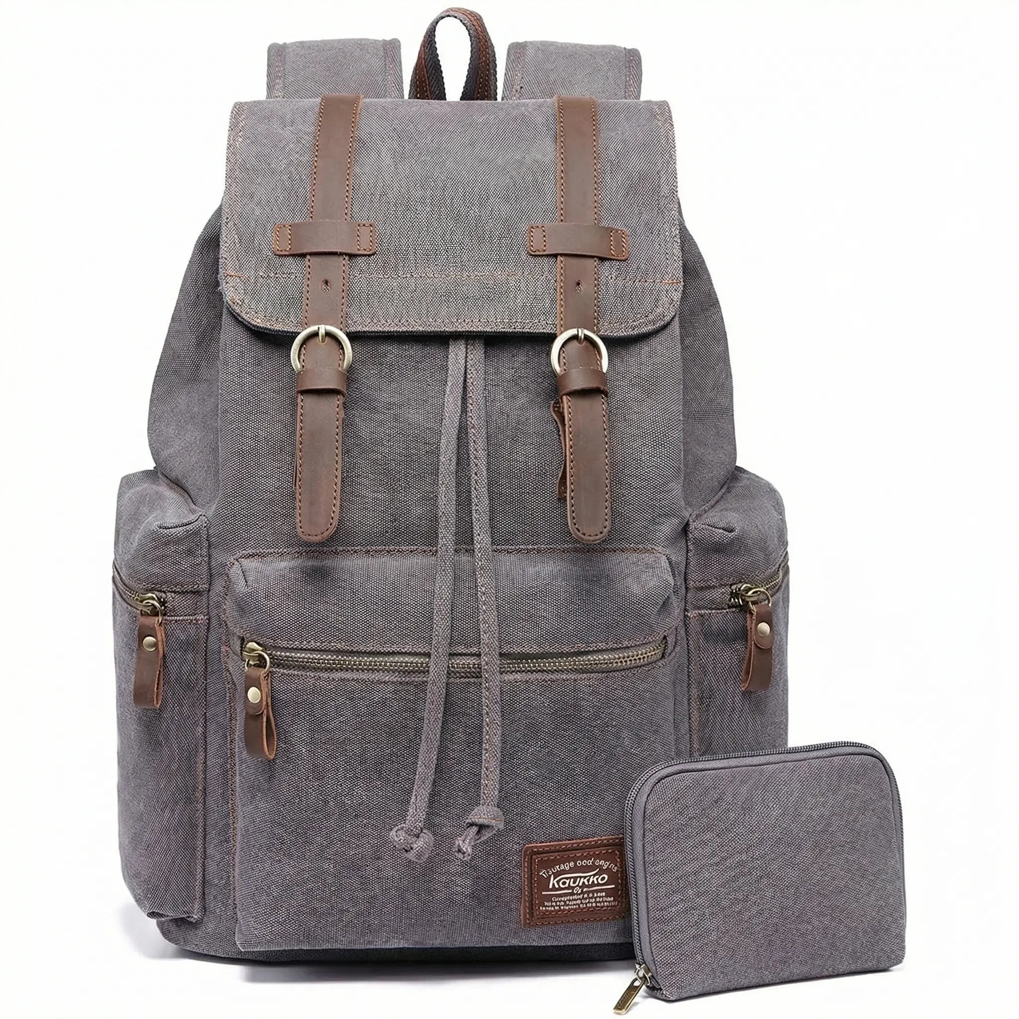 Vintage-Rucksack Canvas gewebt mit Kordelzug und Mehrtaschen