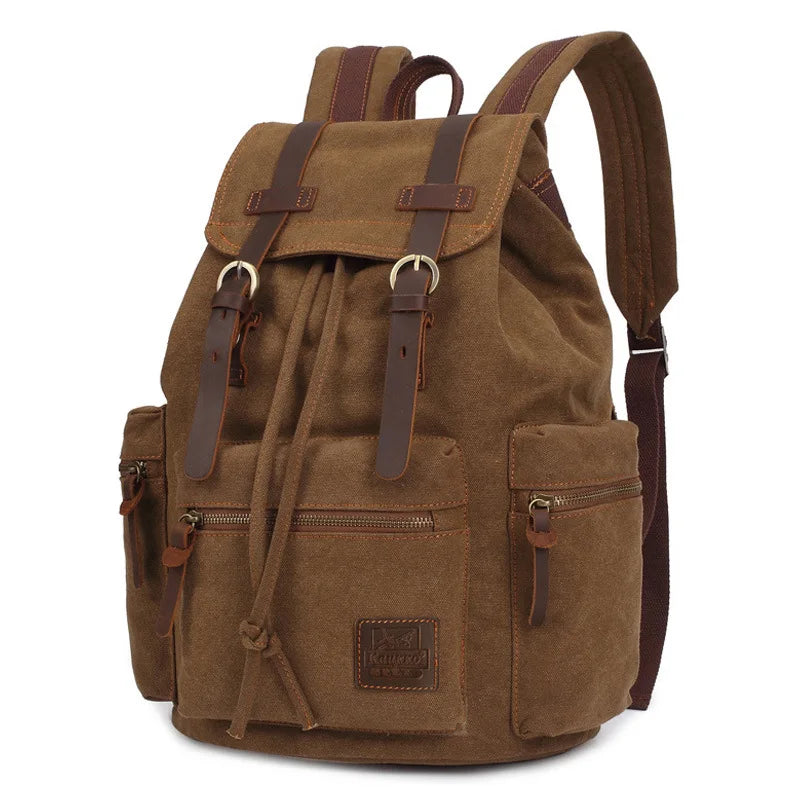 Vintage-Rucksack Canvas gewebt mit Kordelzug und Mehrtaschen