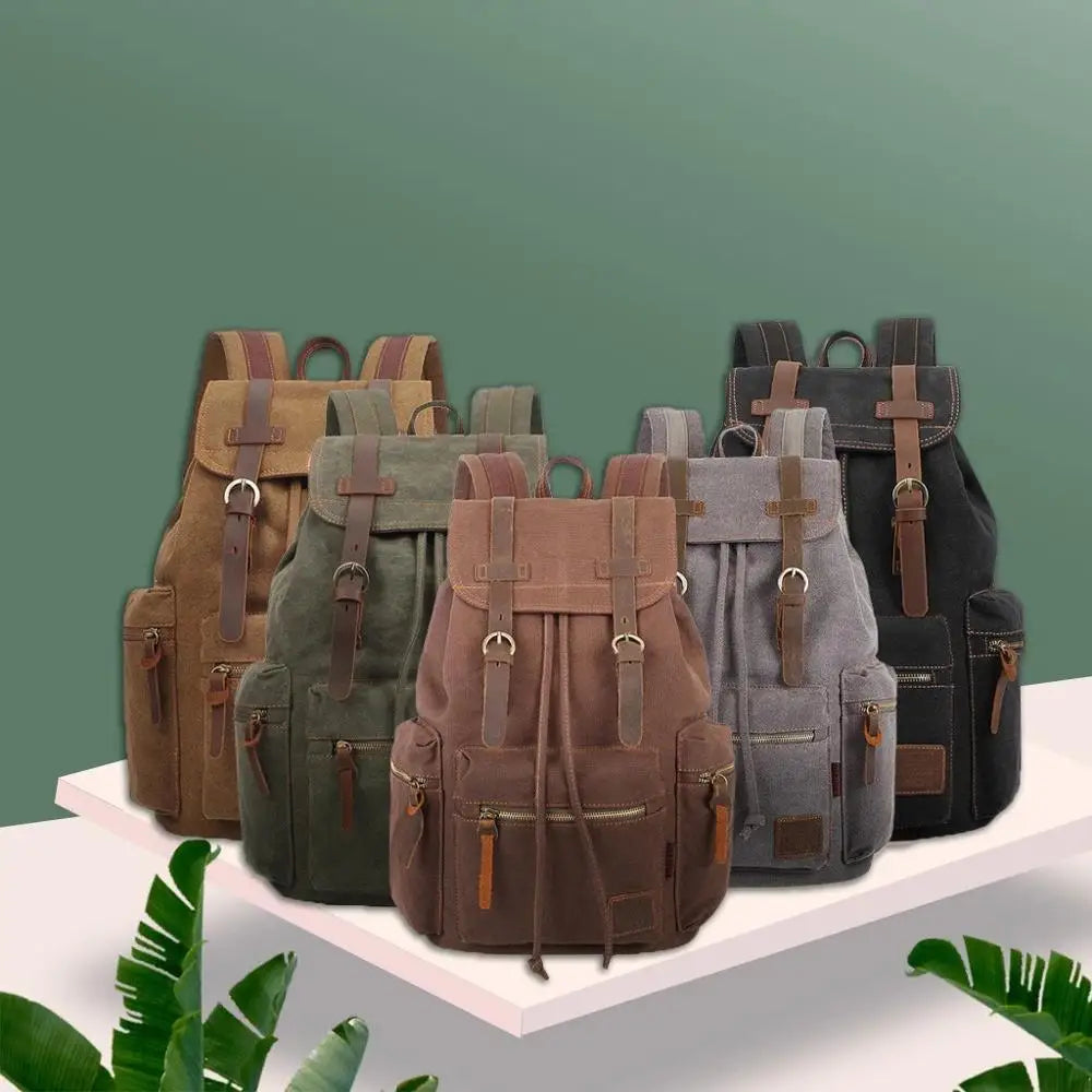 Vintage-Rucksack Canvas gewebt mit Kordelzug und Mehrtaschen
