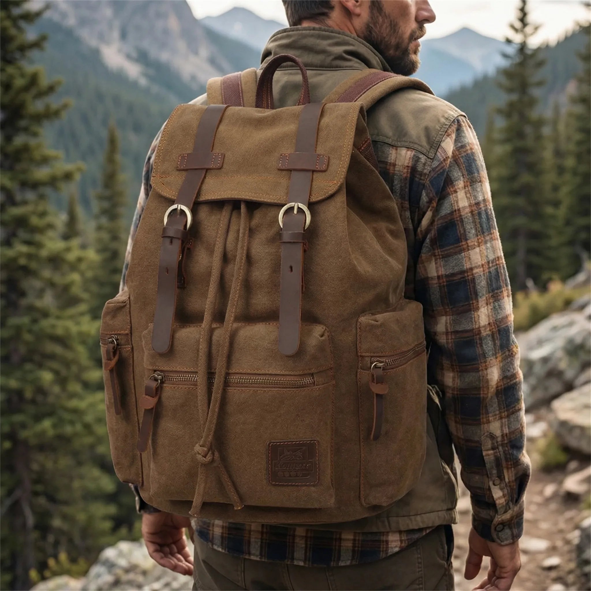 Vintage-Rucksack Canvas gewebt mit Kordelzug und Mehrtaschen