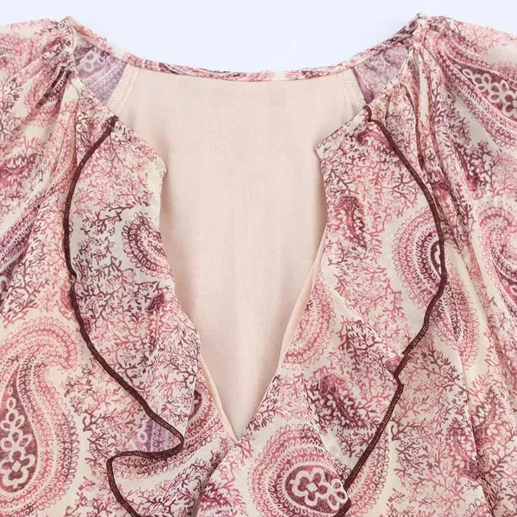 Nordspur | Ruffleyne Paisley Print Midi Dress With Cascading Ruffles