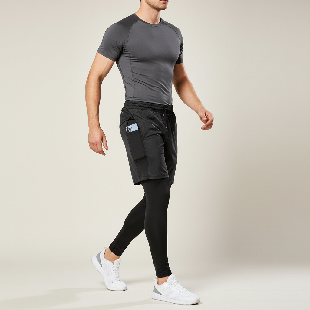 Herren Trainingshose zwei-in-eins mit Handytasche und Kompressions-Leggings
