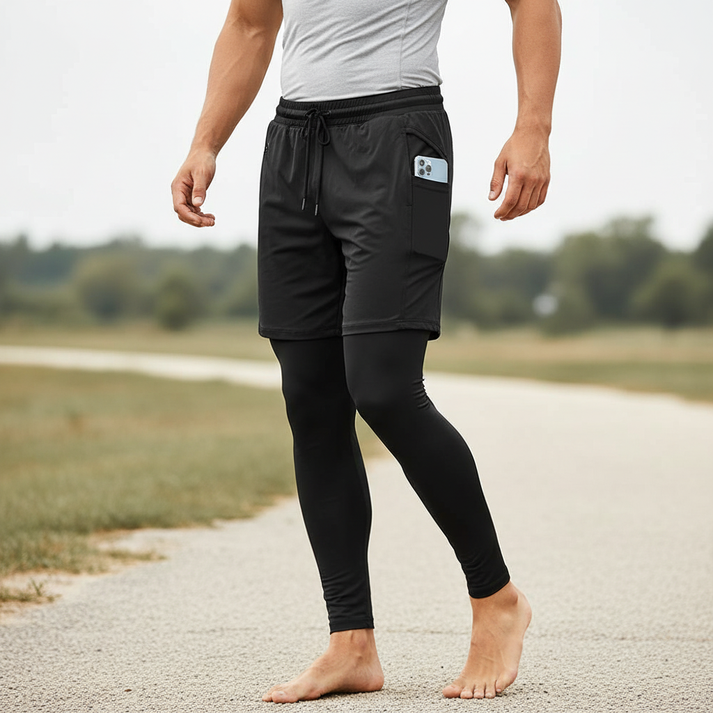 Herren Trainingshose zwei-in-eins mit Handytasche und Kompressions-Leggings