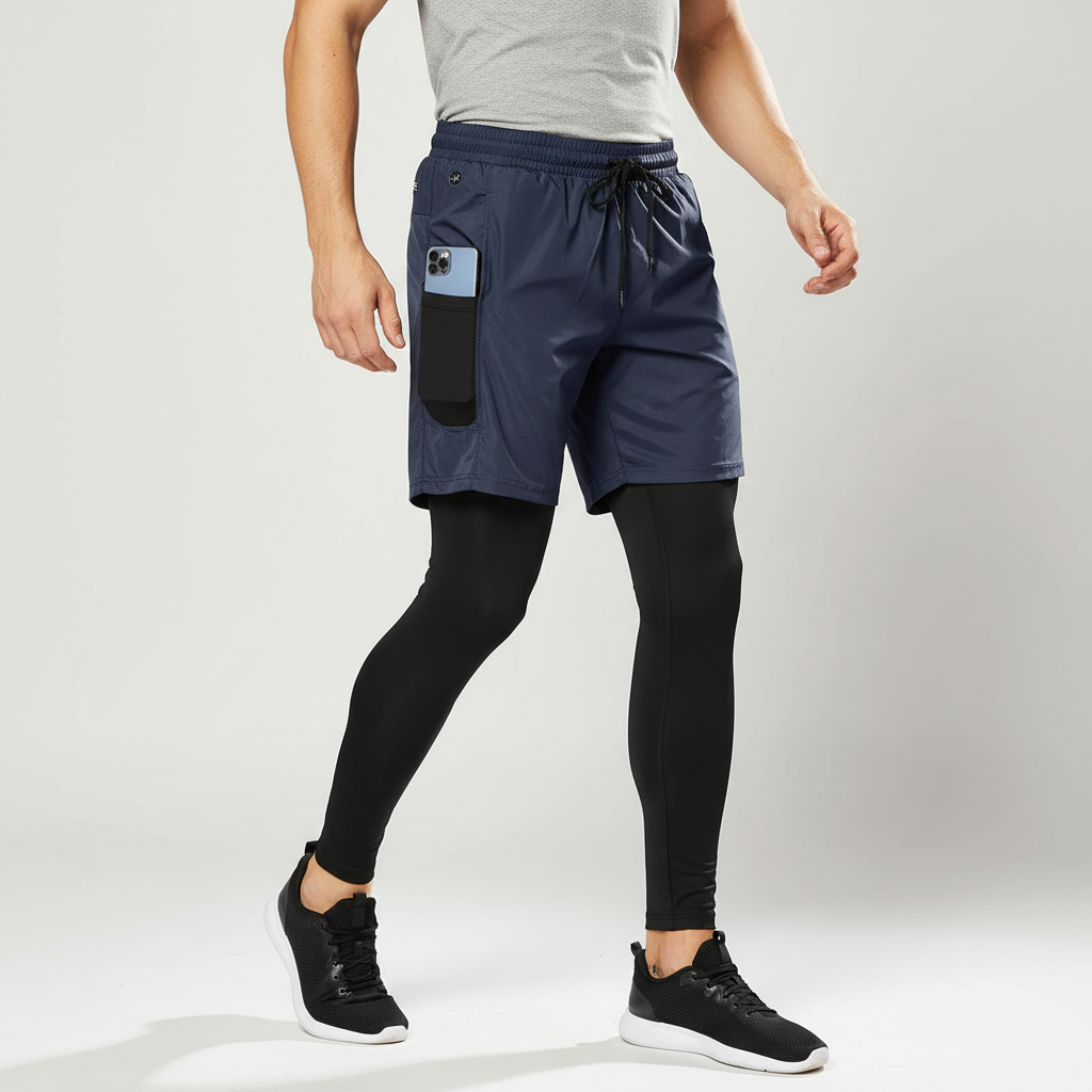 Herren Trainingshose zwei-in-eins mit Handytasche und Kompressions-Leggings