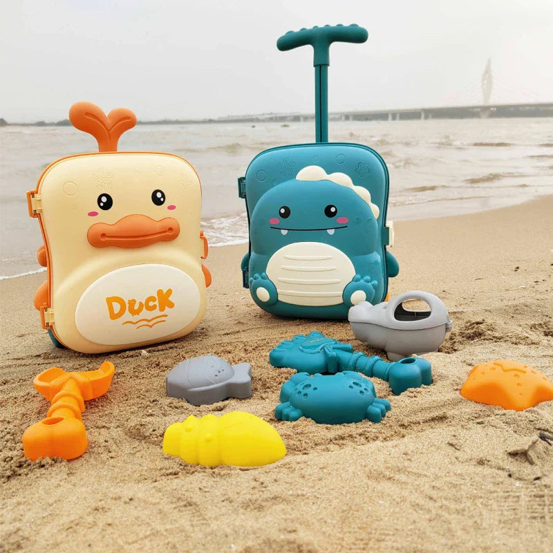 Kinder Strandspielzeug Set mit Rollkoffer, Sandförmchen, Gießkanne und Schaufeln