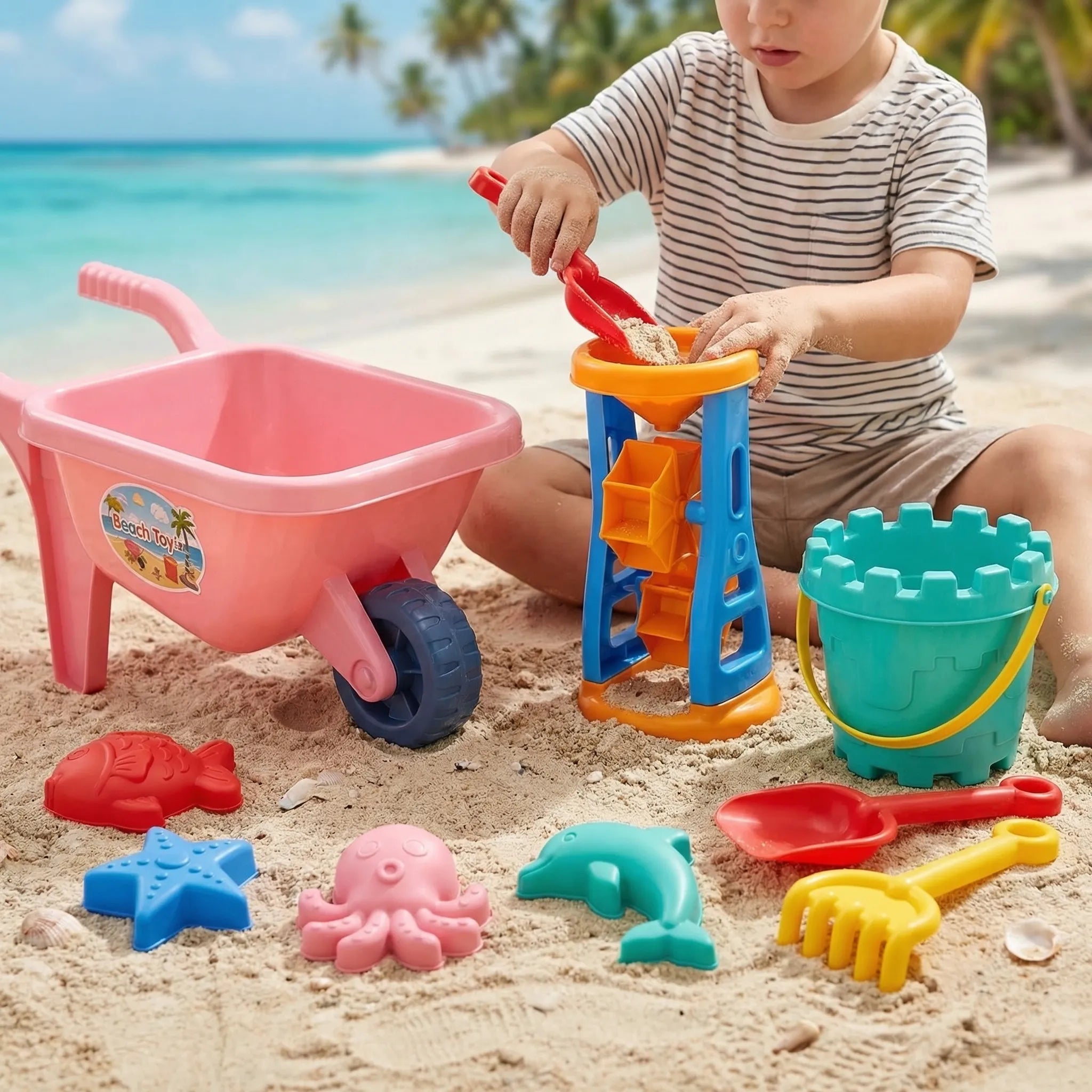 Kinder Strandspielzeug Set mit Schubkarre, Sandmühle und Förmchen für Sandspiele