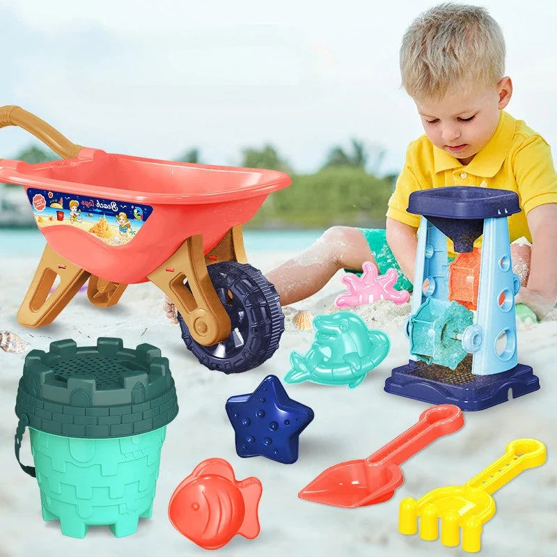 Kinder Strandspielzeug Set mit Schubkarre, Sandmühle und Förmchen für Sandspiele