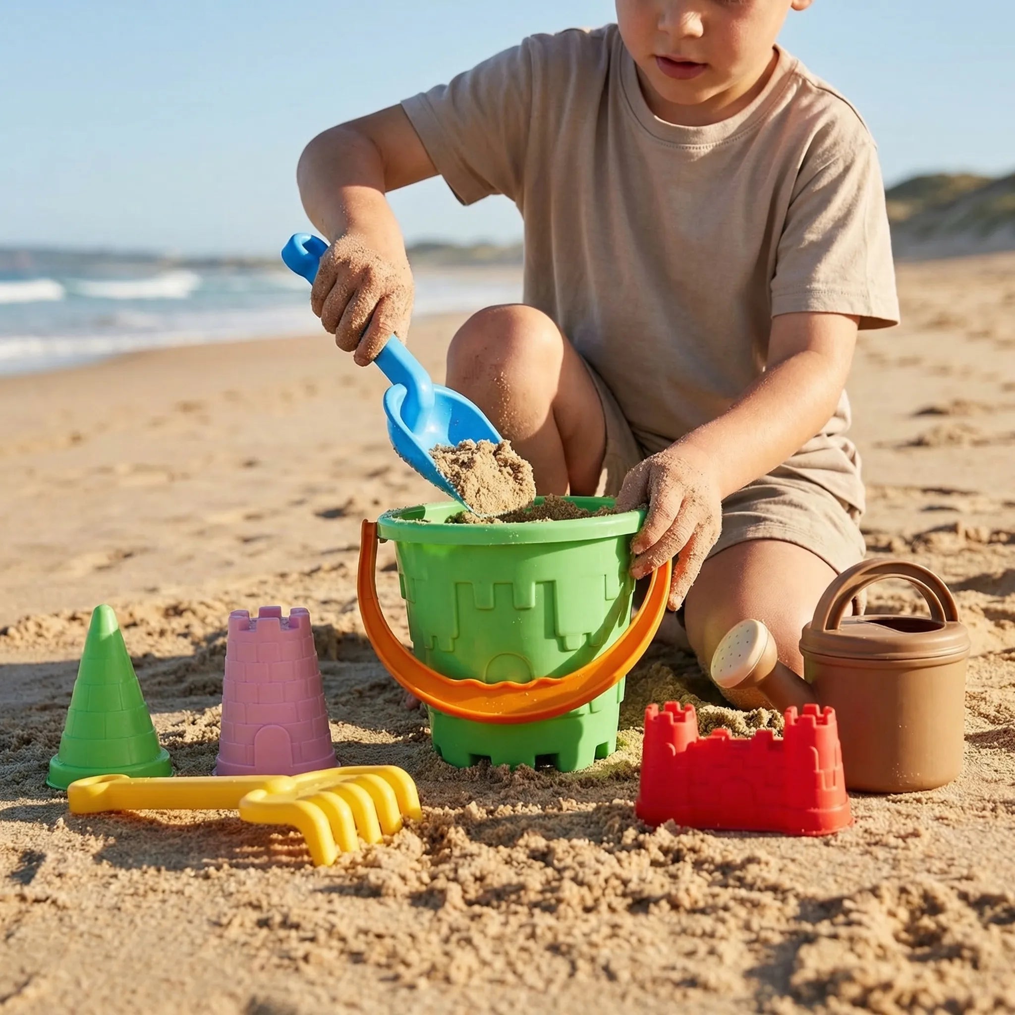 Kinder Sandspielzeug Set mit Burg Eimer, Schaufel und Gießkanne für Strand und Sandkasten