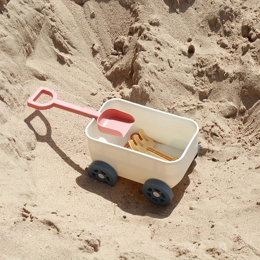 Kinder Strandspielzeug Set mit Ziehwagen, Schaufel, Rechen und Sandförmchen für Kleinkinder