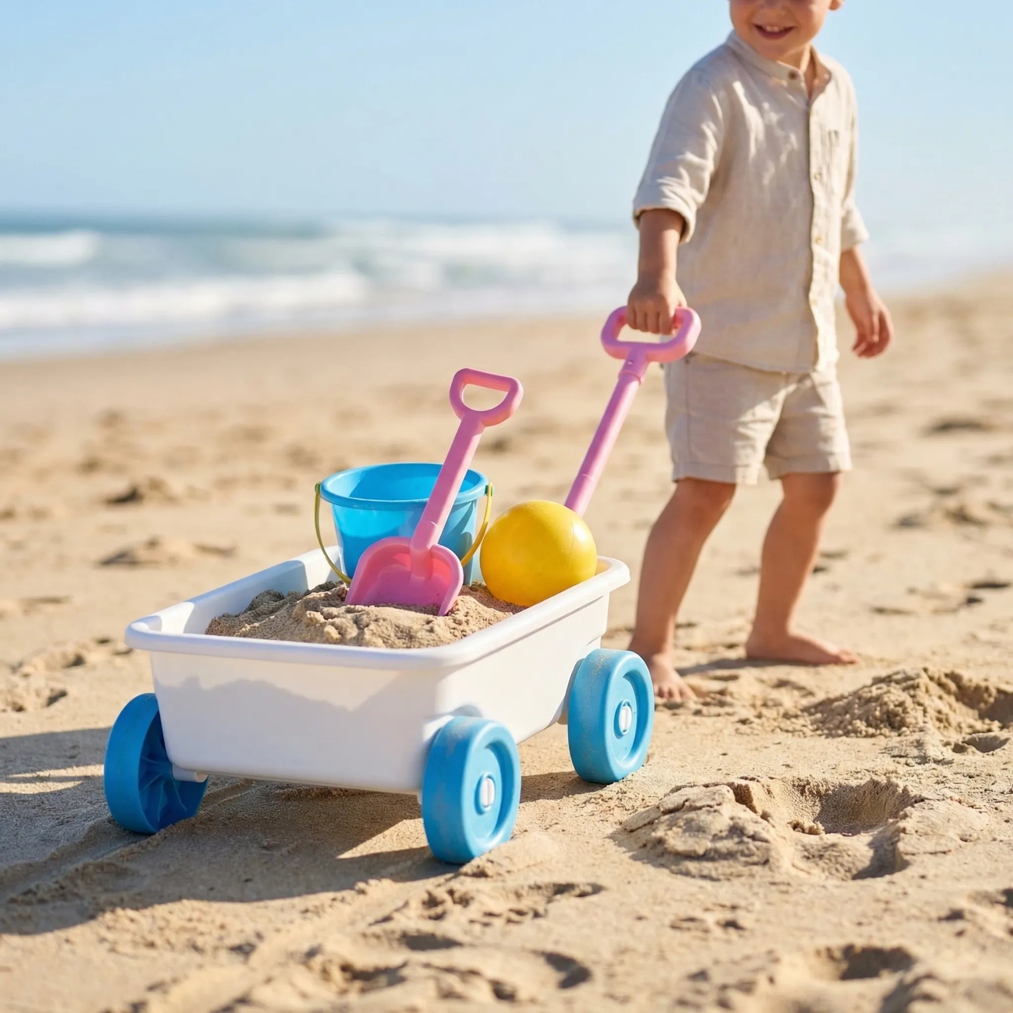 Kinder Strandspielzeug Set mit Ziehwagen, Schaufel, Rechen und Sandförmchen für Kleinkinder