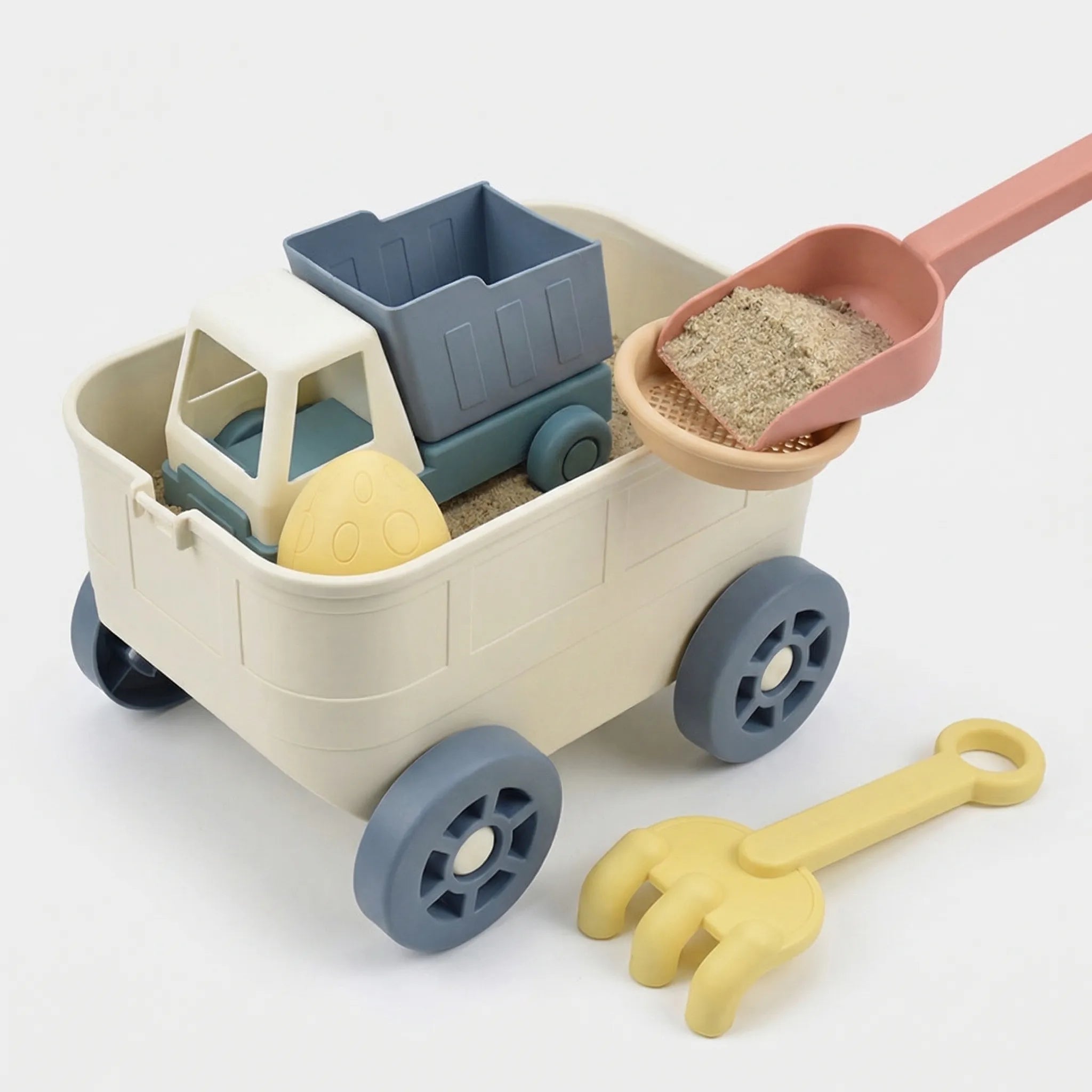 Kinder Strandspielzeug Set mit Ziehwagen, Schaufel, Rechen und Sandförmchen für Kleinkinder