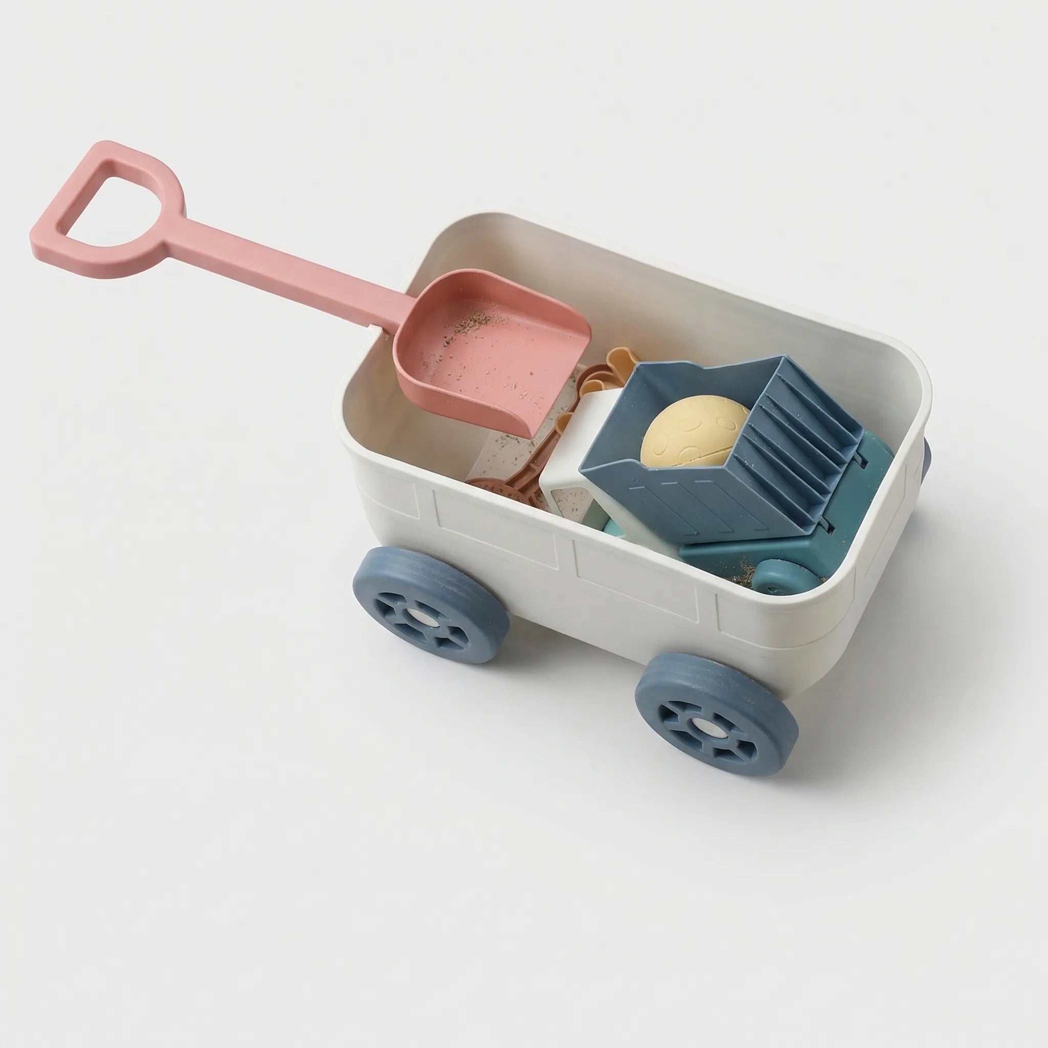 Kinder Strandspielzeug Set mit Ziehwagen, Schaufel, Rechen und Sandförmchen für Kleinkinder