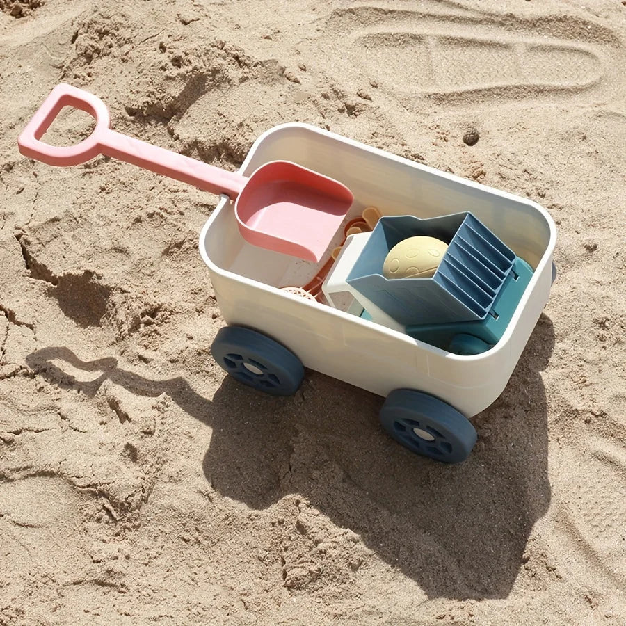 Kinder Strandspielzeug Set mit Ziehwagen, Schaufel, Rechen und Sandförmchen für Kleinkinder