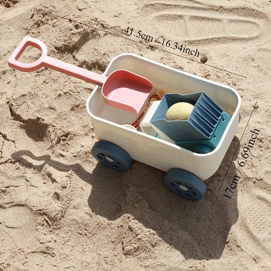 Kinder Strandspielzeug Set mit Ziehwagen, Schaufel, Rechen und Sandförmchen für Kleinkinder
