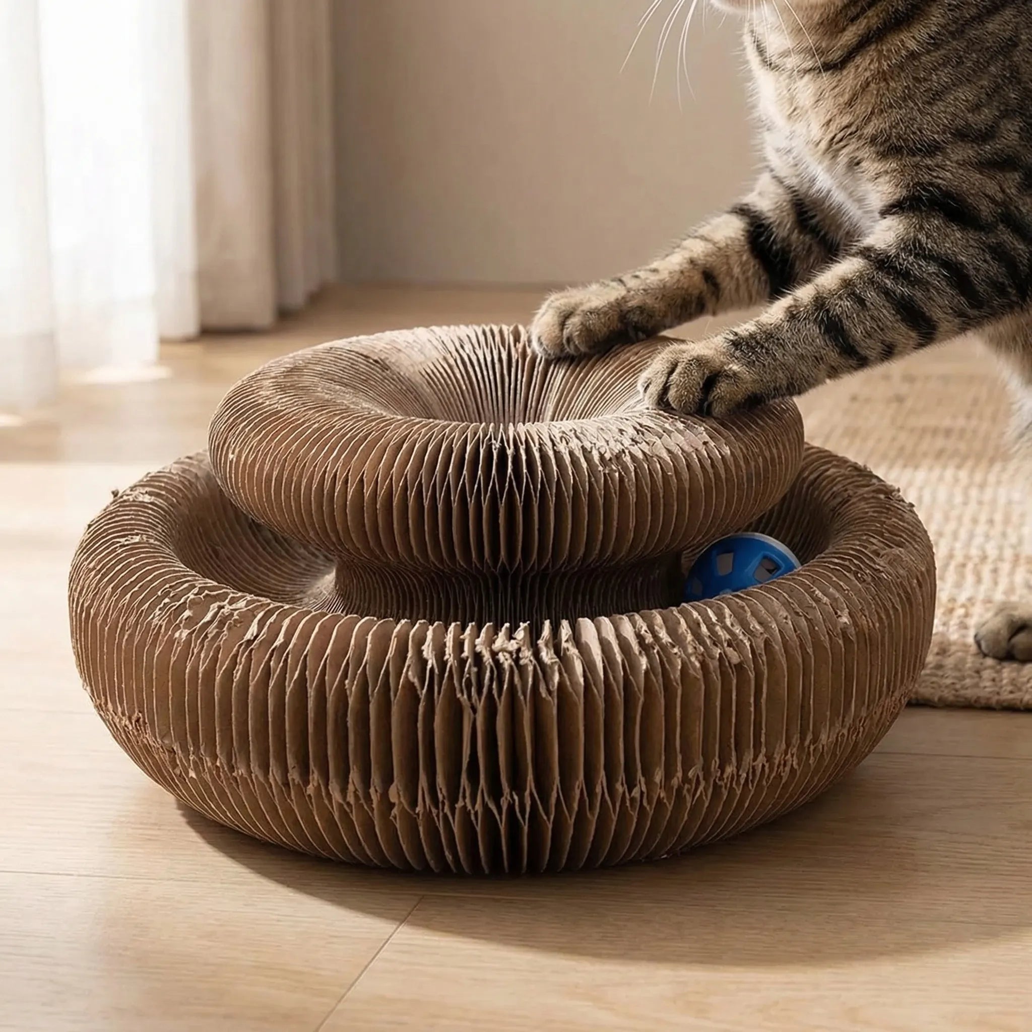 Faltbares Katzenkratzbrett aus Wellkarton mit interaktiver Ballbahn