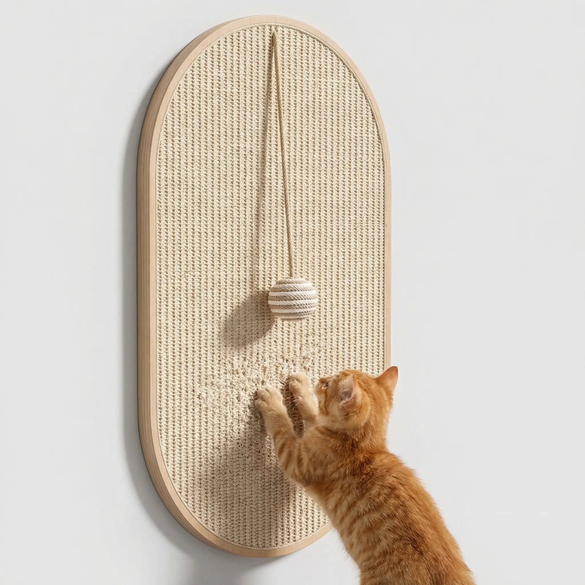 Wandmontiertes Katzenkratzbrett aus Sisal mit Spielzeug