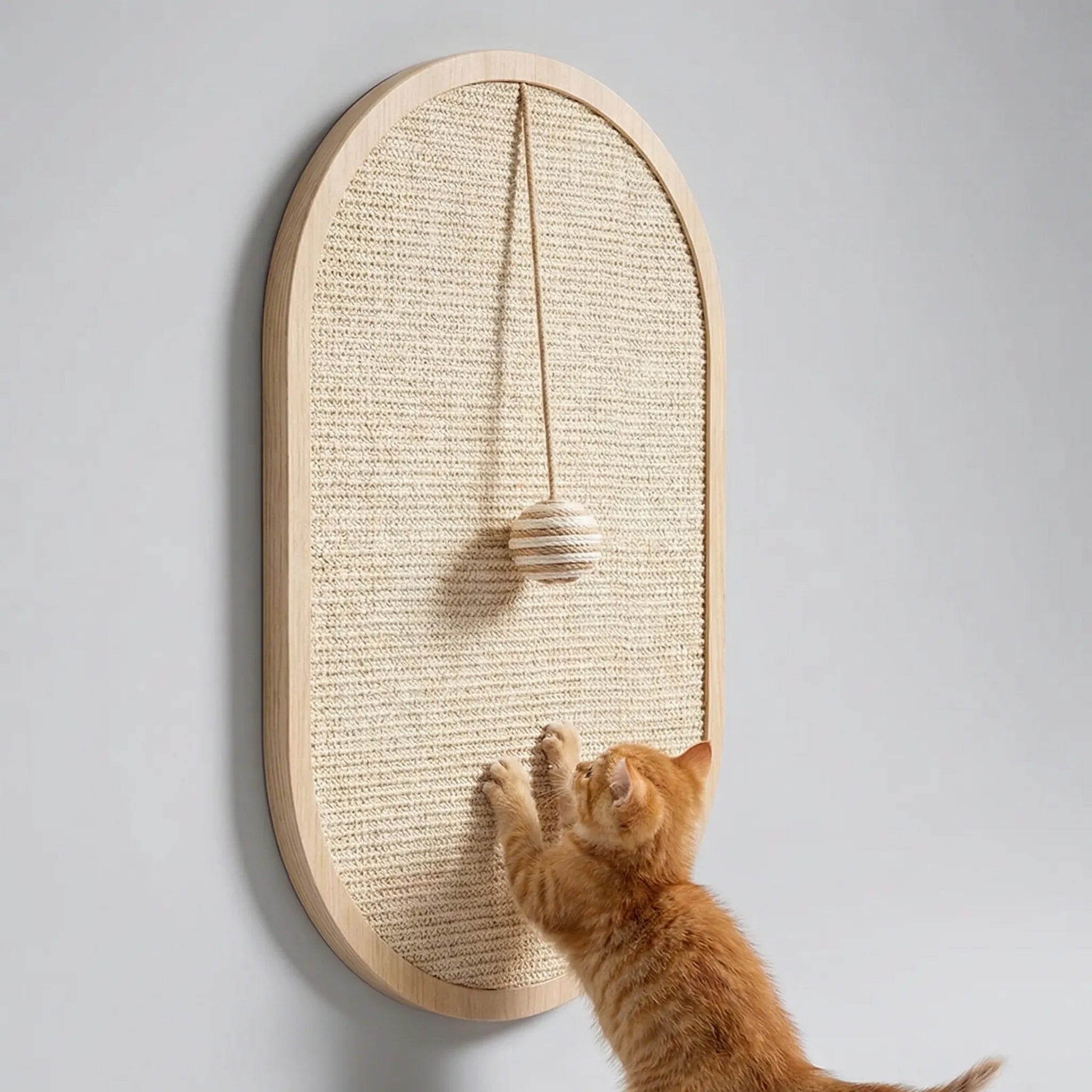 Wandmontiertes Katzenkratzbrett aus Sisal mit Spielzeug