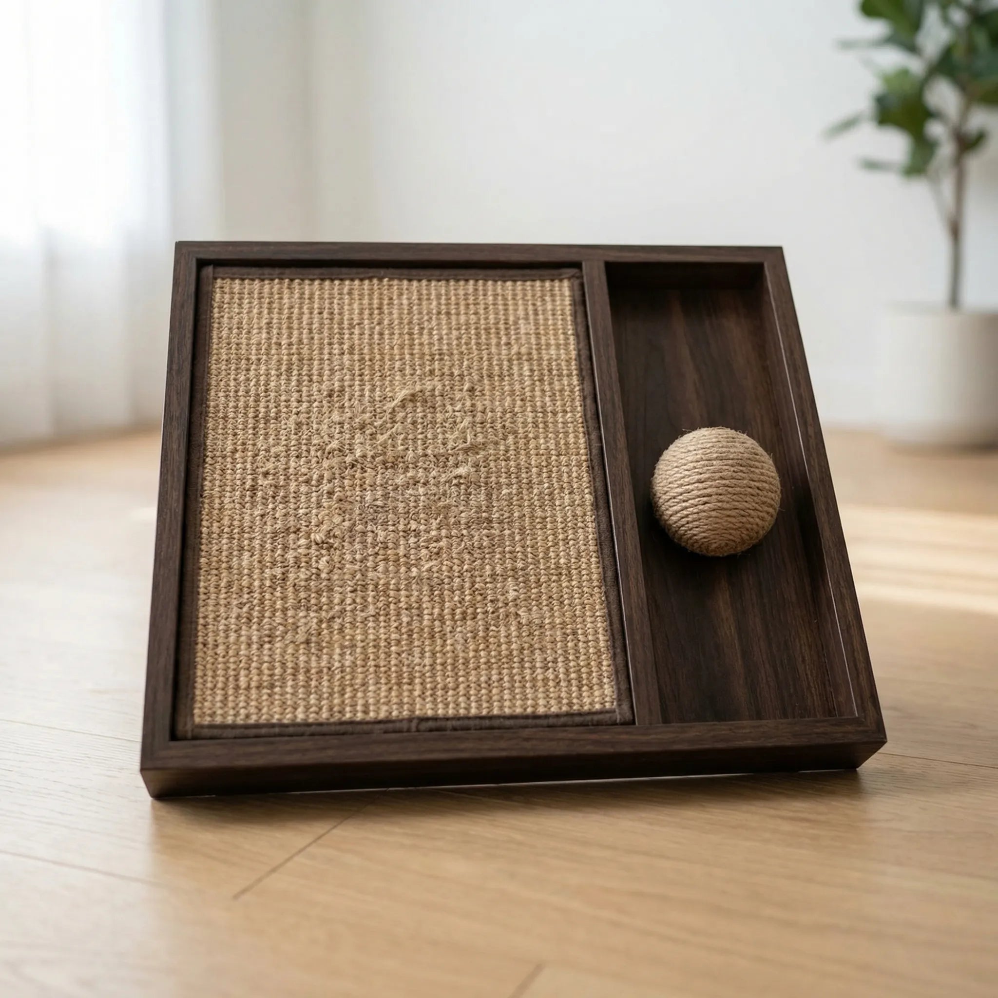 Vertikales Katzen Kratzbrett mit Spielball, wandlehnend, aus Holz