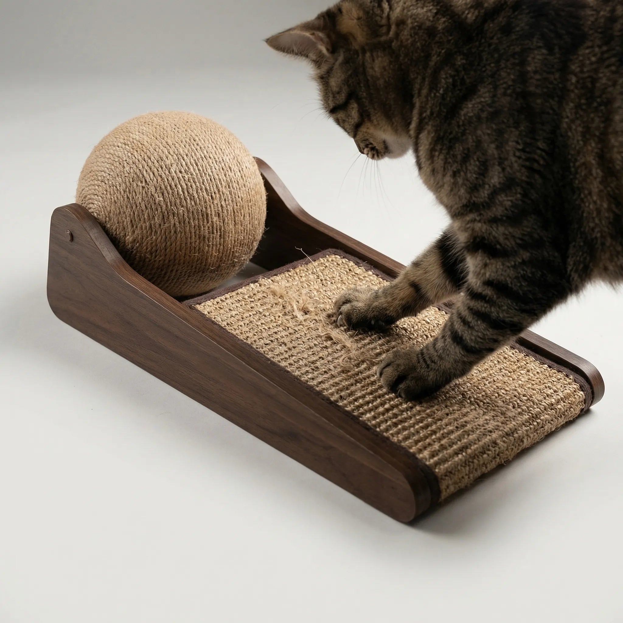 Vertikales Katzen Kratzbrett mit Spielball, wandlehnend, aus Holz