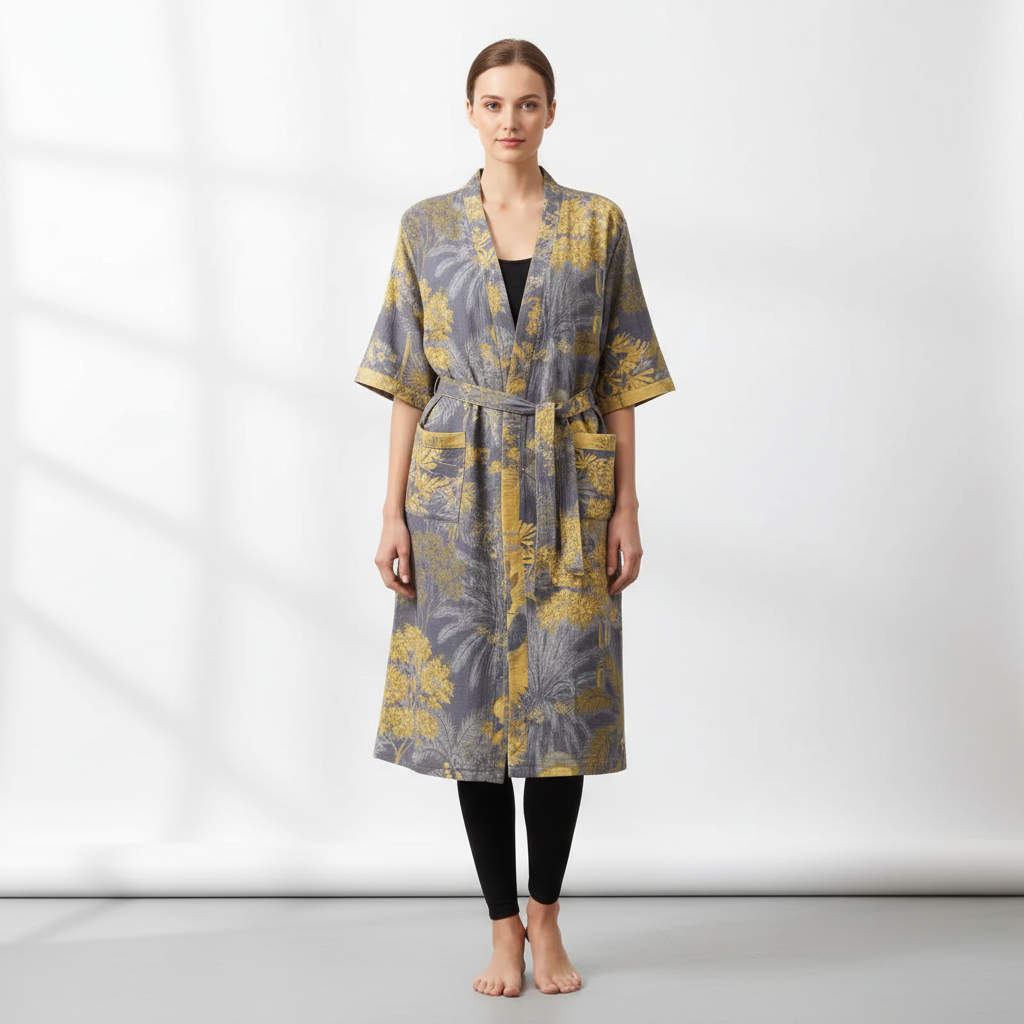 Kimono-Bademantel Kurzarm atmungsaktiv Baumwolle Knielänge