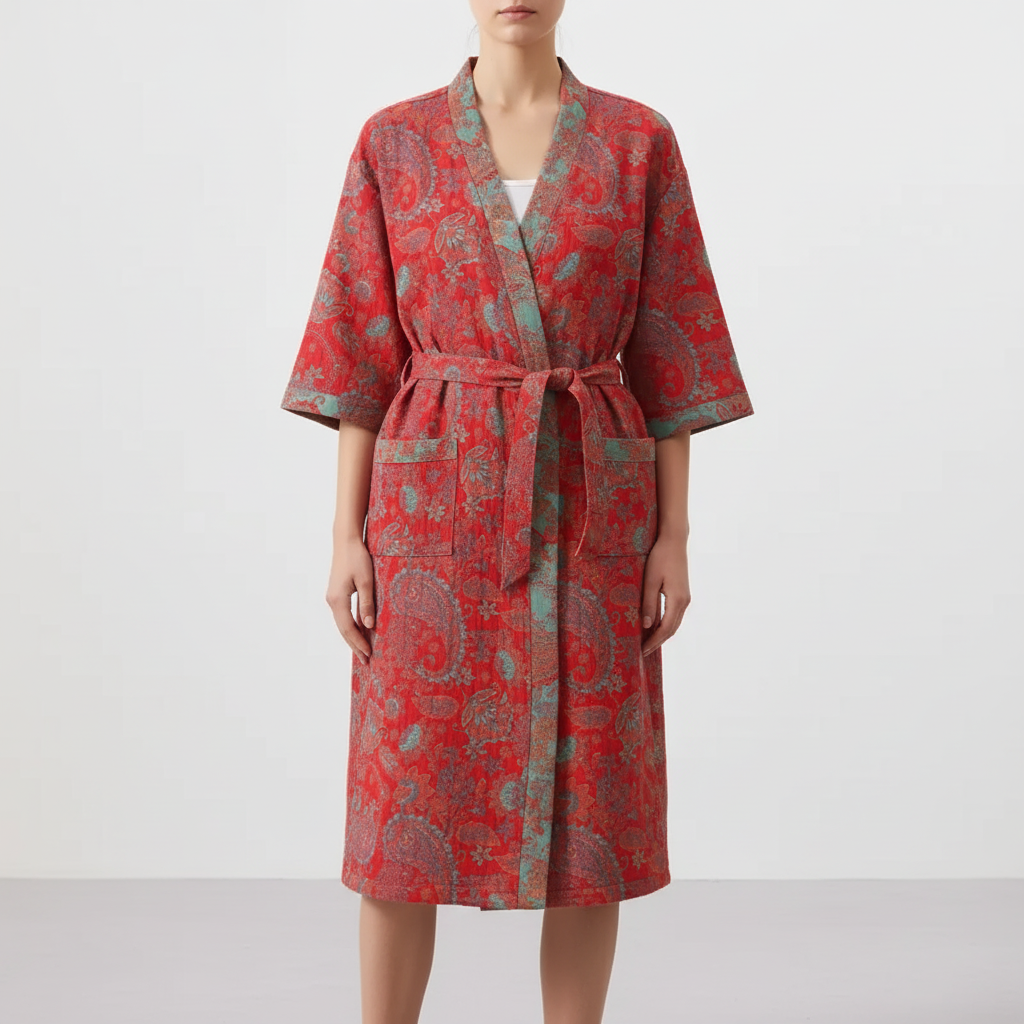 Kimono-Bademantel Kurzarm atmungsaktiv Baumwolle Knielänge