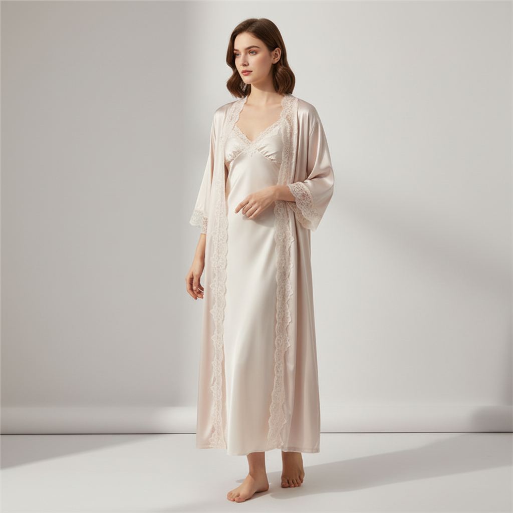 Langer Morgenmantel-Set mit Spitzenbesatz und Slip