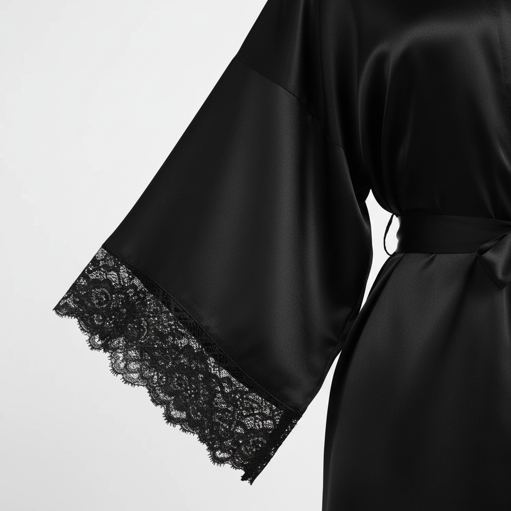Langer Kimono-Morgenmantel seideig mit zartem Ärmelbesatz