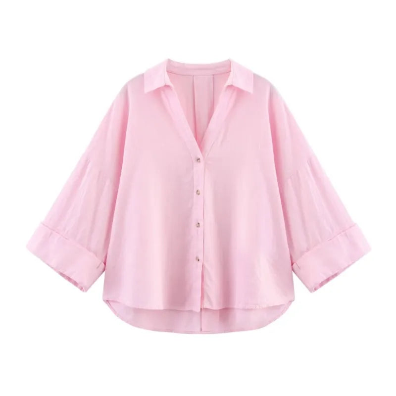 Breitleinen-Bluse mit asymmetrischem Saum und Johnny-Kragen Knopfleiste
