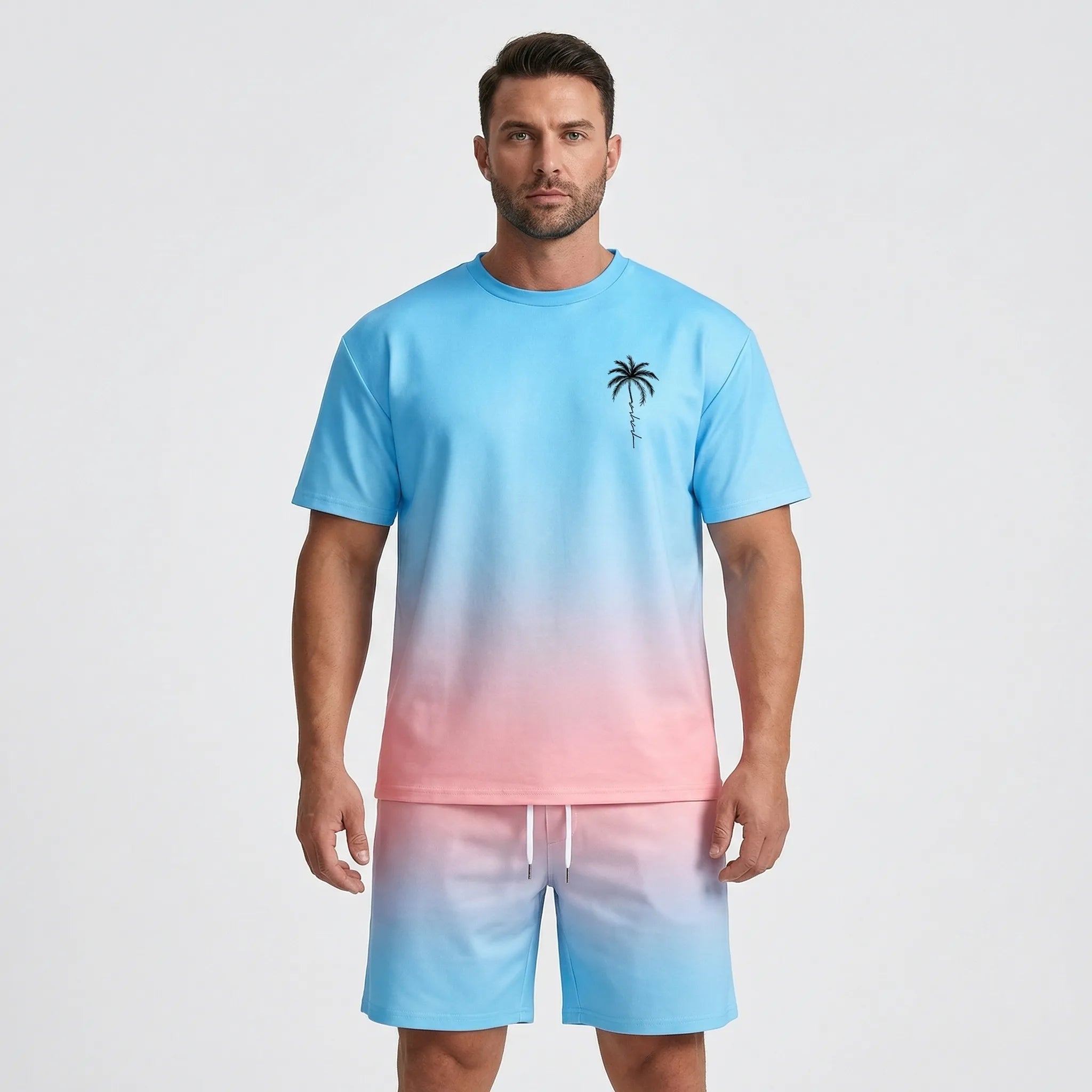 Hawaiianisches Set für Herren mit Farbverlauf Print und kurzen Ärmeln