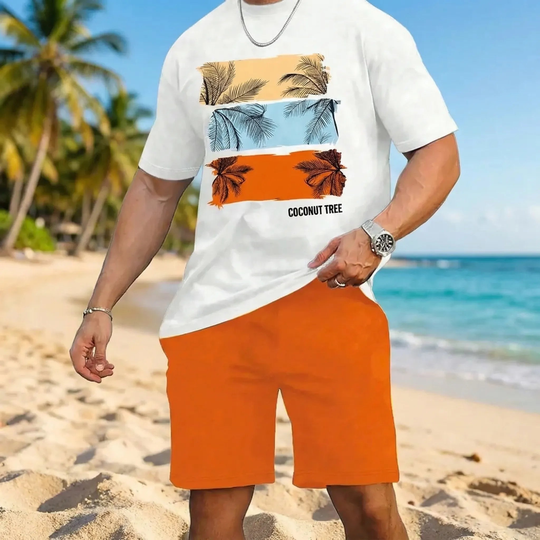 Hawaiianisches Set für Herren mit Farbverlauf Print und kurzen Ärmeln