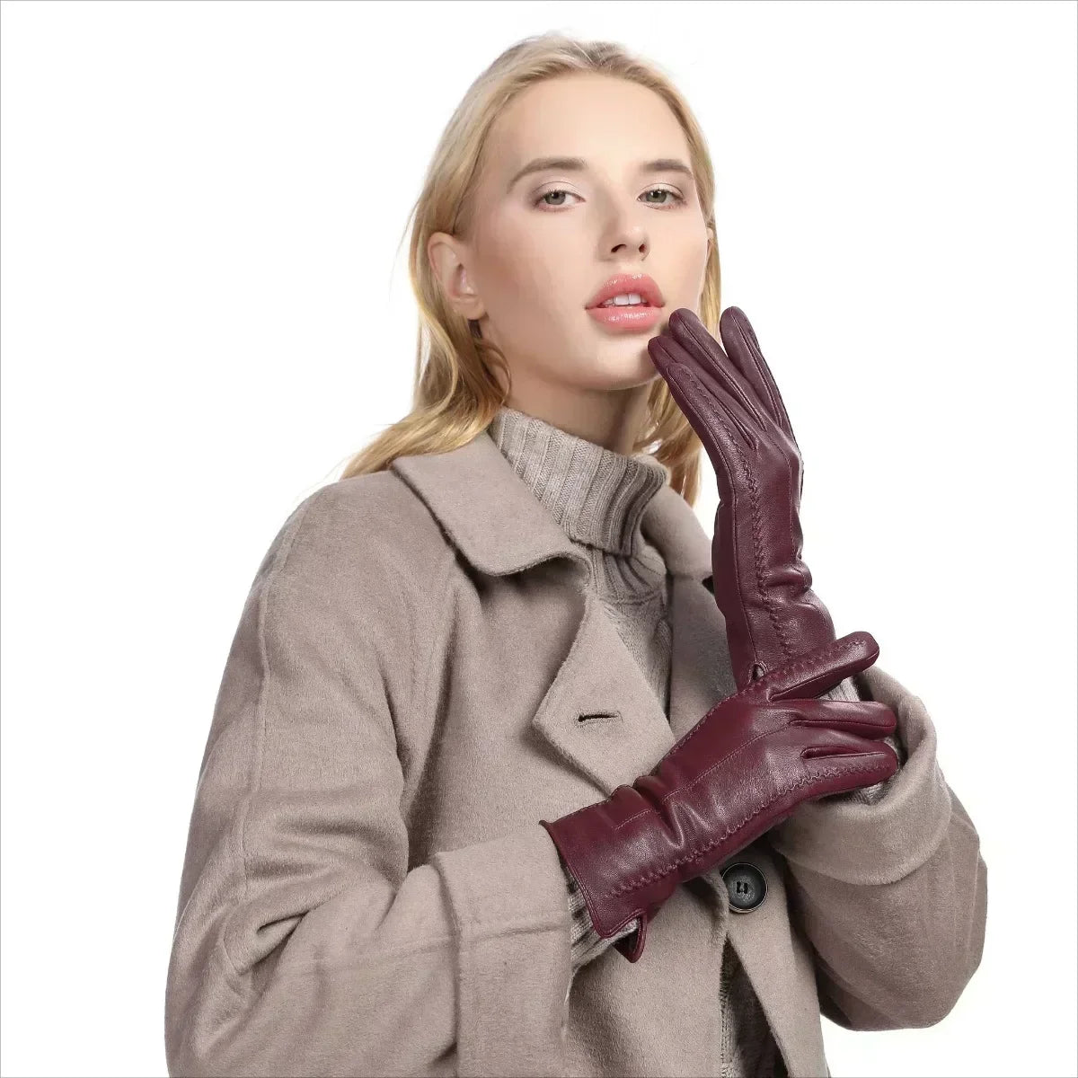 Winterhandschuhe veganes Leder kurze Manschette Samtfütterung