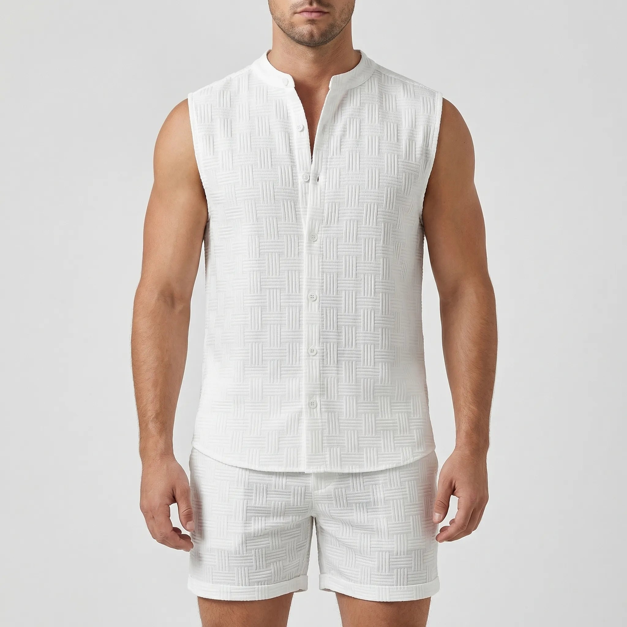 Herren Sommer Set mit ärmellosem Shirt und Shorts, Stehkragen, Jacquard-Stoff