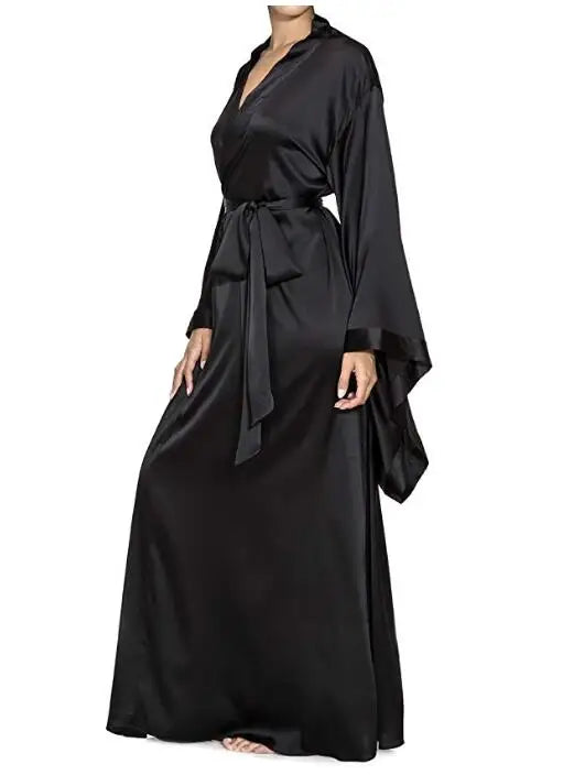 Langer Wickel-Bademantel mit Satin-Glanz breite Ärmel elegant