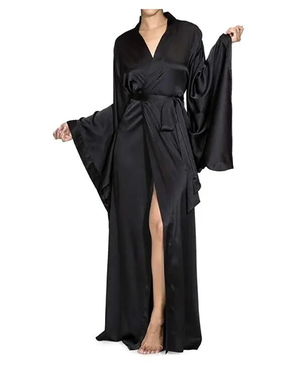 Langer Wickel-Bademantel mit Satin-Glanz breite Ärmel elegant