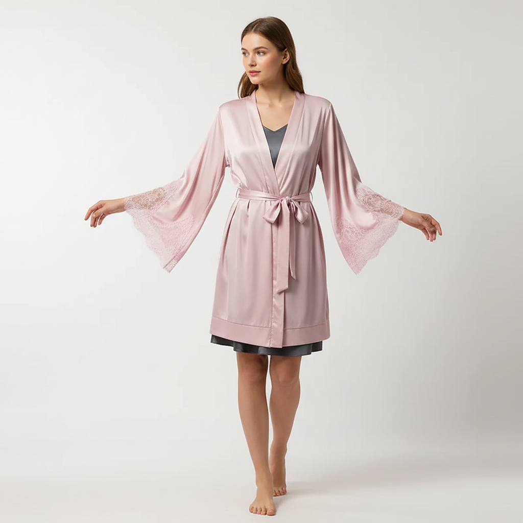 Kurzer Kimono-Bademantel mit Spitzenverzierung und weichem Drapieren