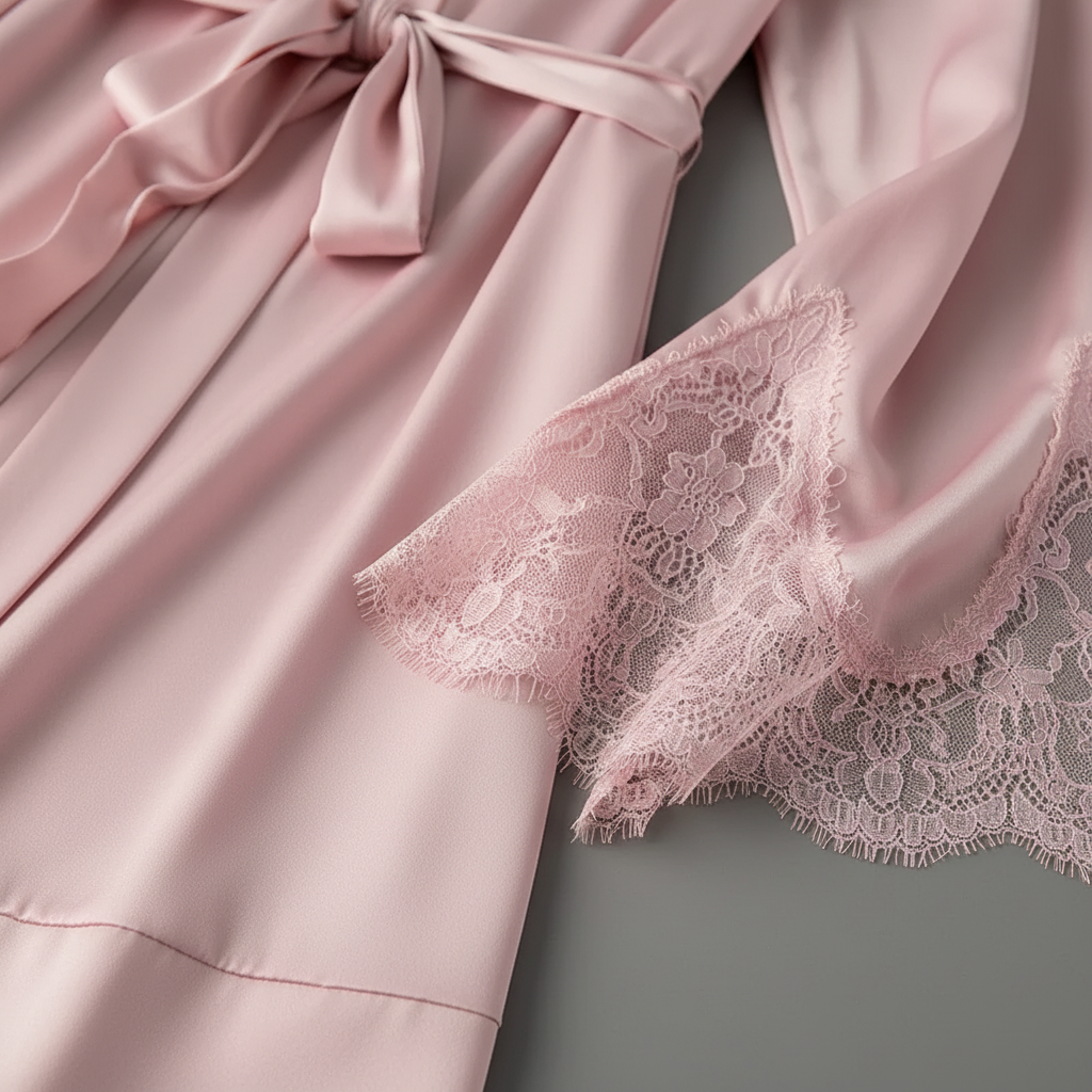Kurzer Kimono-Bademantel mit Spitzenverzierung und weichem Drapieren
