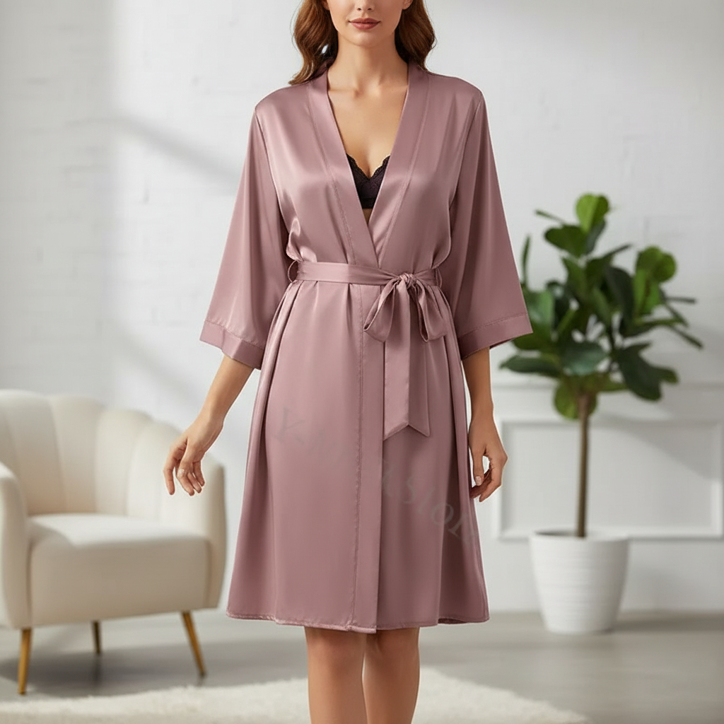 Leichter knielanger Kimono-Bademantel mit verstellbarem Bindegürtel