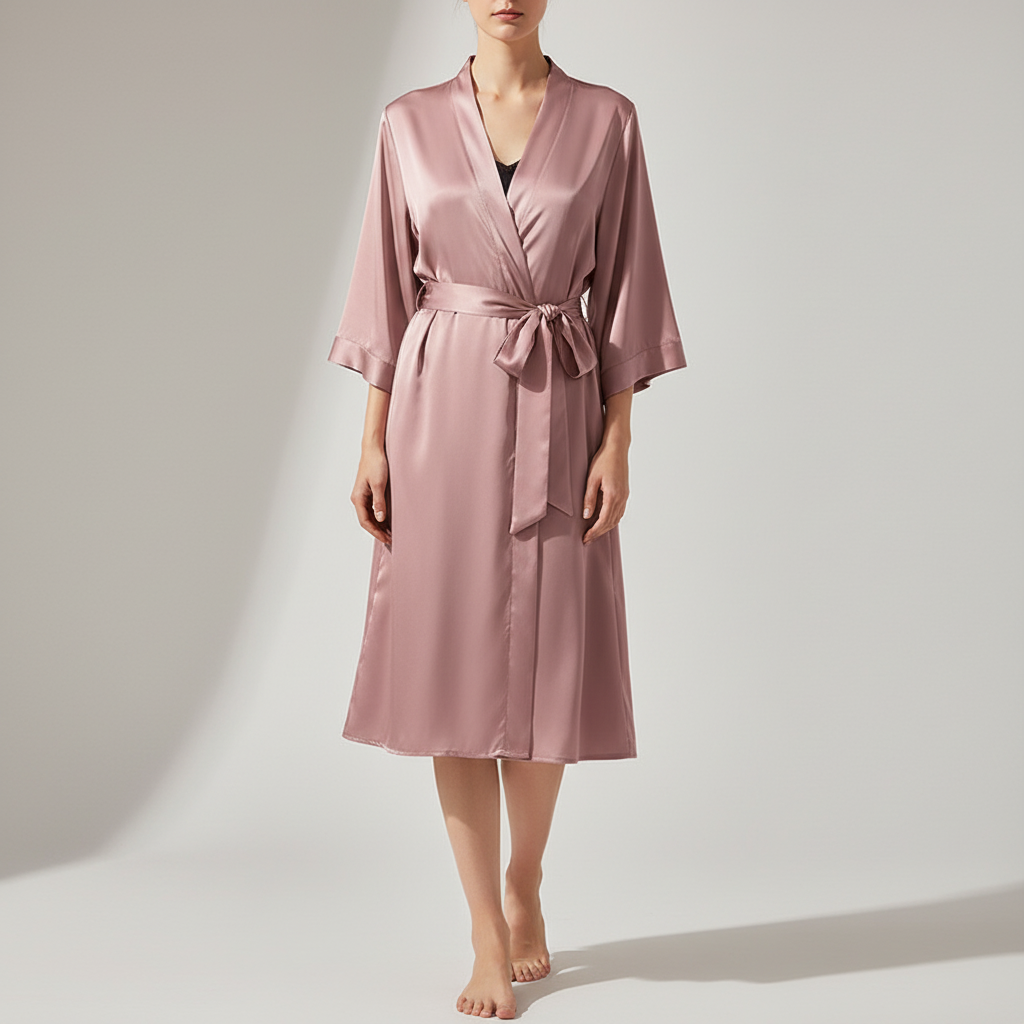 Leichter knielanger Kimono-Bademantel mit verstellbarem Bindegürtel