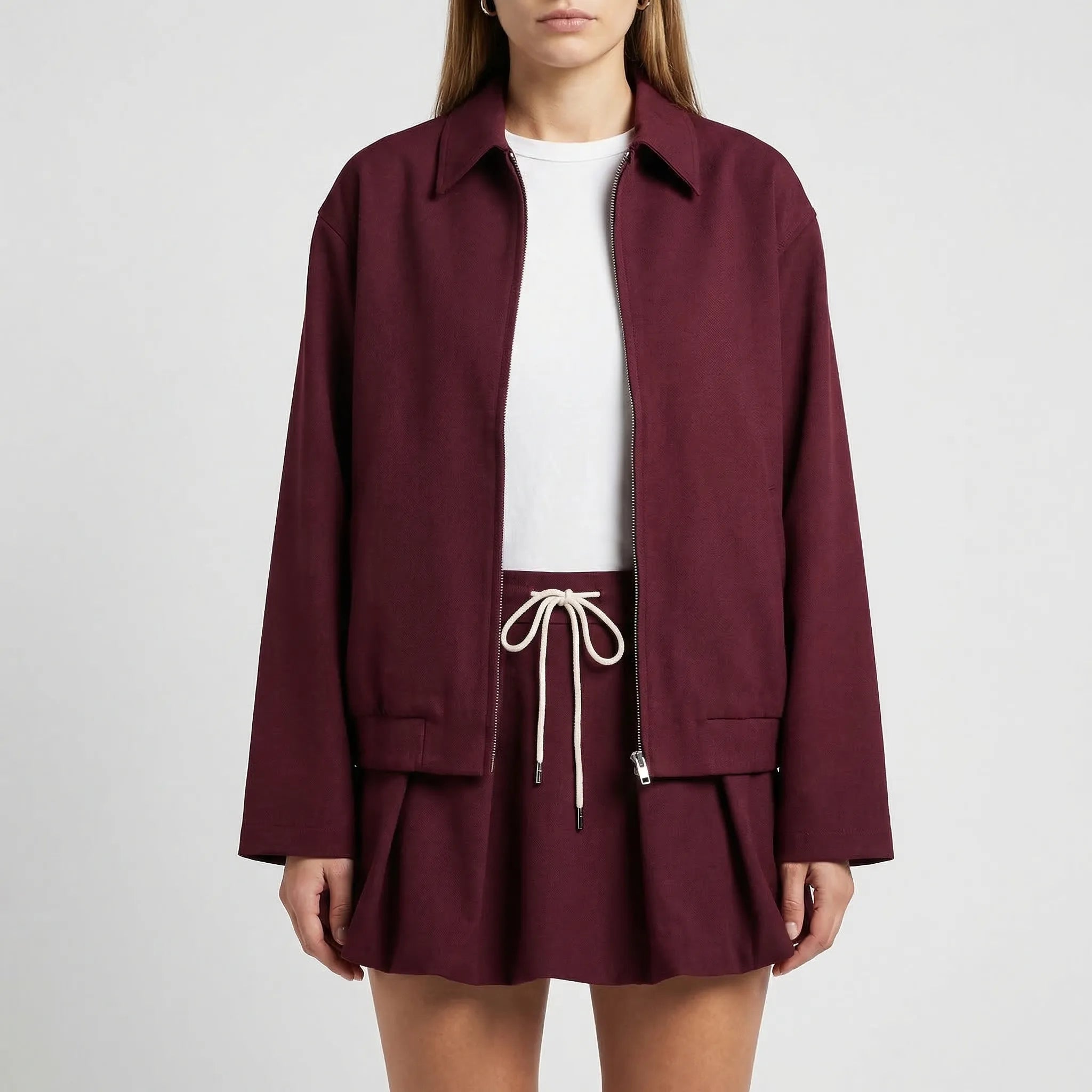 Damen zweiteiliges Set Oversize-Jacke Reißverschluss plissierter Minirock