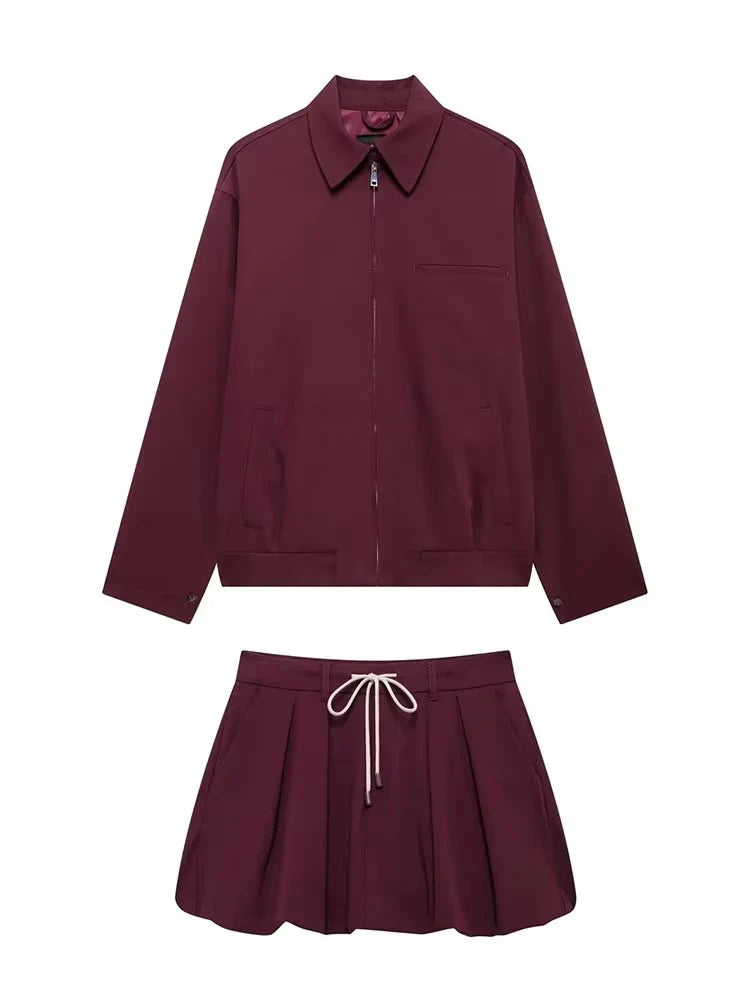 Damen zweiteiliges Set Oversize-Jacke Reißverschluss plissierter Minirock