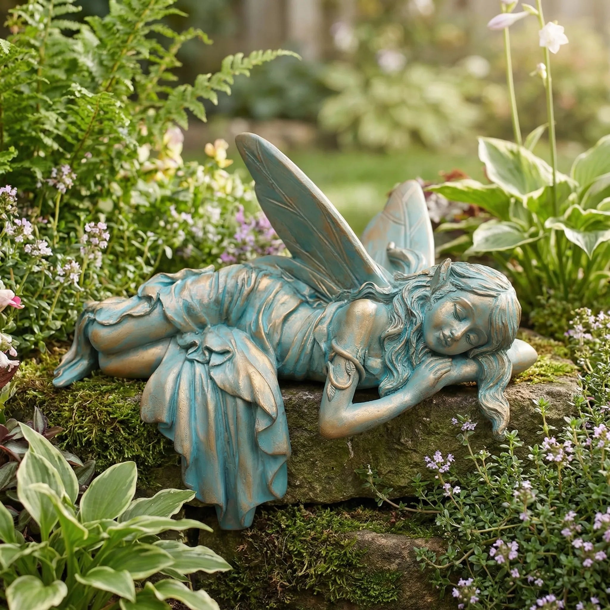 Schlafende Elfe mit Flügeln Gartenfigur Kupferoptik