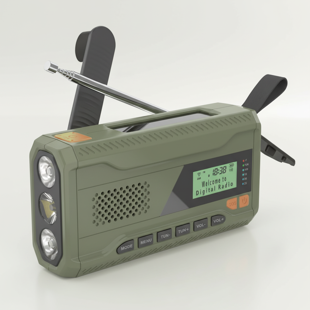 Tragbares Notfallradio mit Solarladung, Kurbelantrieb und Taschenlampe