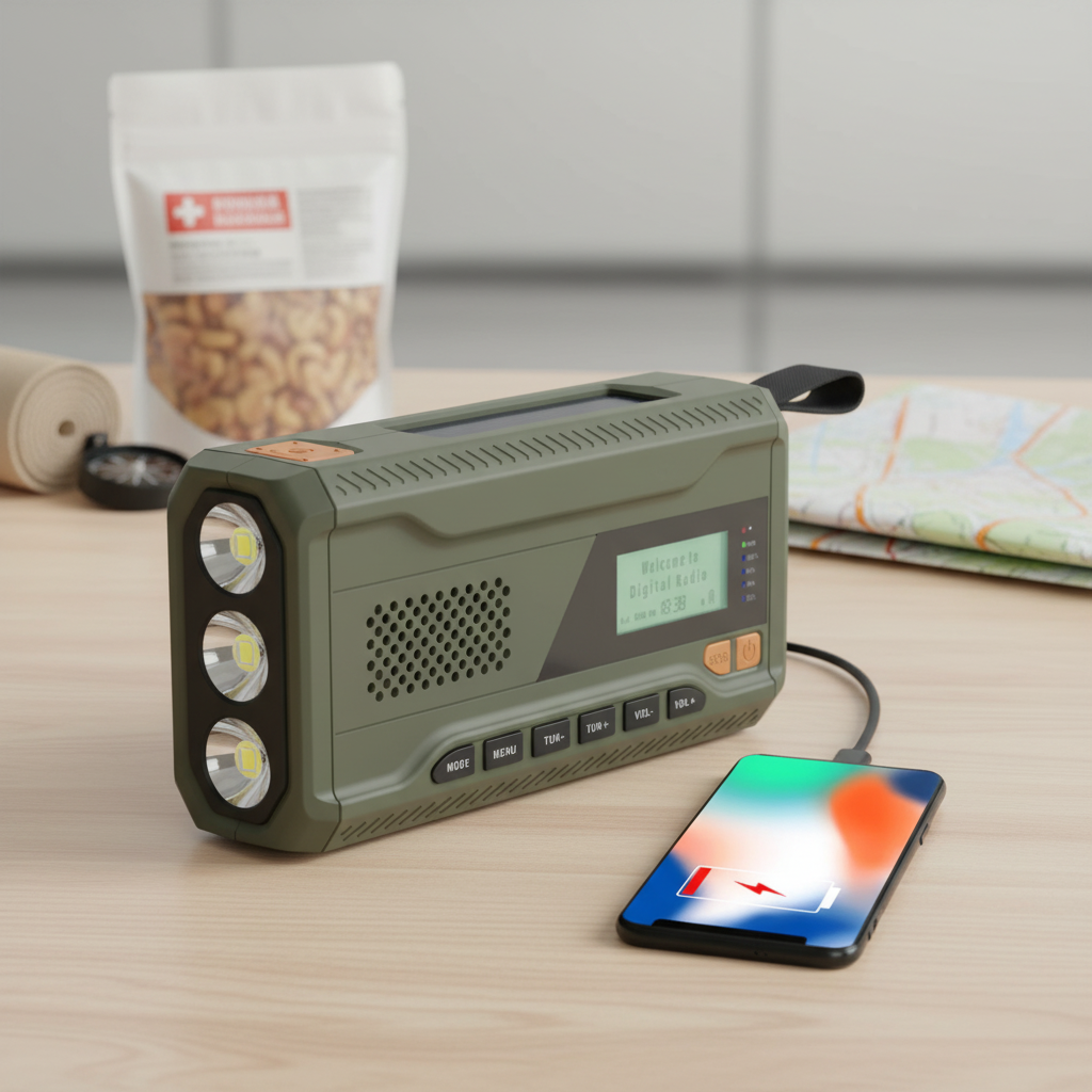 Tragbares Notfallradio mit Solarladung, Kurbelantrieb und Taschenlampe