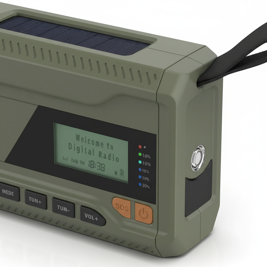 Tragbares Notfallradio mit Solarladung, Kurbelantrieb und Taschenlampe