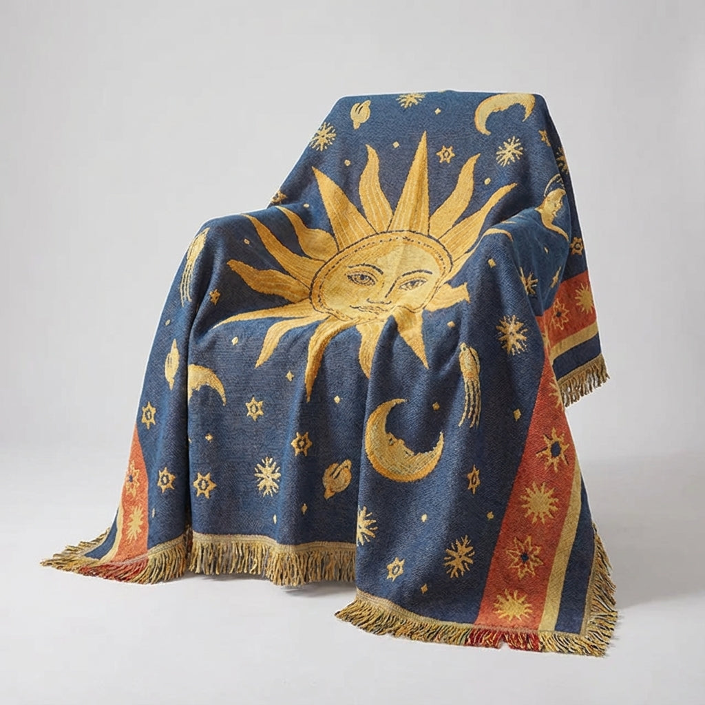 Bohemische Tagesdecke mit Himmelsmotiv und Fransen