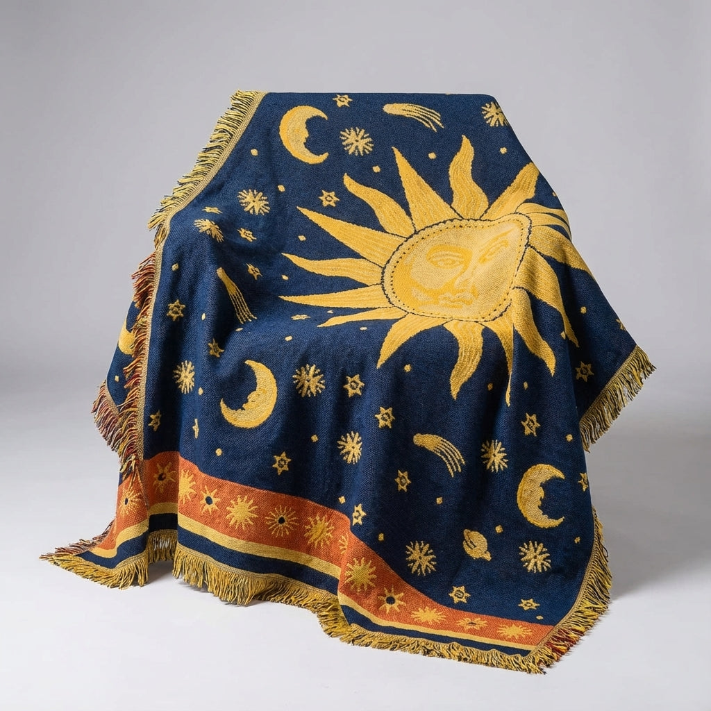 Bohemische Tagesdecke mit Himmelsmotiv und Fransen
