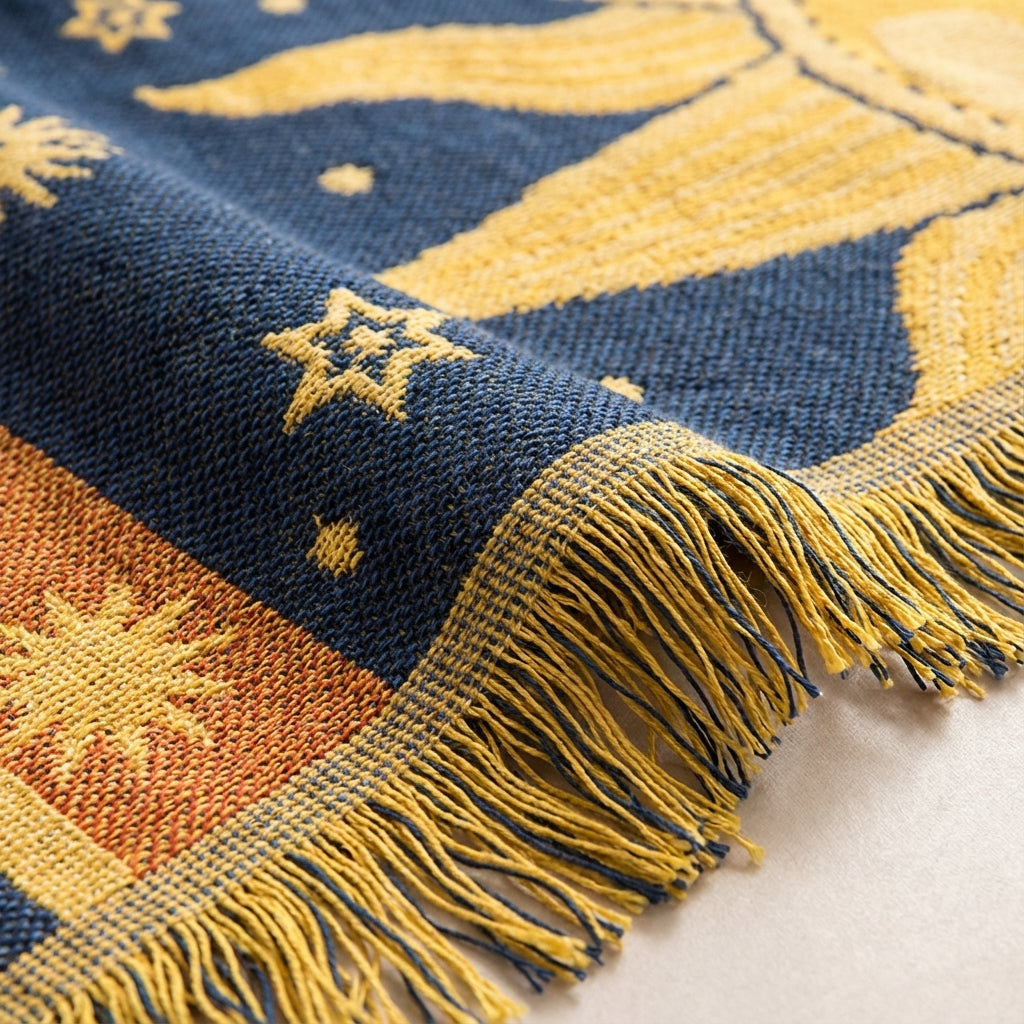 Bohemische Tagesdecke mit Himmelsmotiv und Fransen