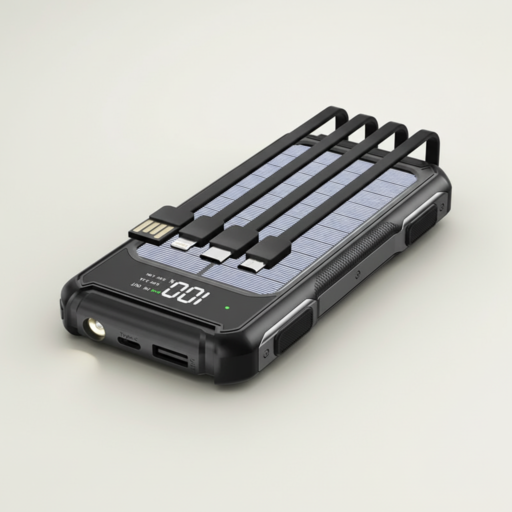 Solar-Powerbank mit integrierten Kabeln und Schnellladetechnologie